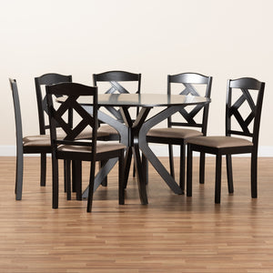 Baxton Studio Carlin Sand Fabric Upholstered And Dark Brown Finished Wood 7-Piece Dining Set