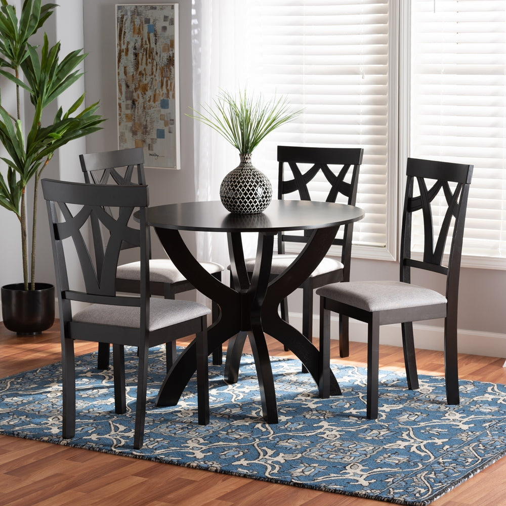 Baxton Studio Rasa Modern And Contemporary Grey Fabric Upholstered And Dark Brown Finished Wood 5-Piece Dining Set