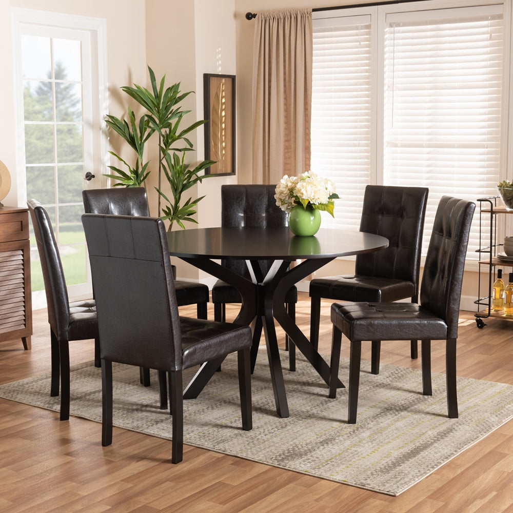 Baxton Studio Marie Modern And Contemporary Dark Brown Faux Leather Upholstered And Dark Brown Finished Wood 7-Piece Dining Set