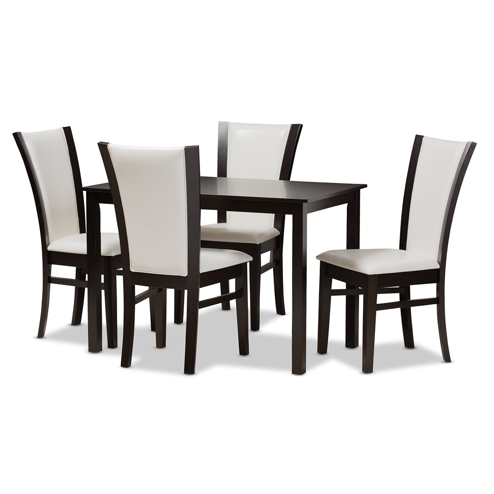 Baxton Studio Adley Modern And Contemporary 5-Piece Dark Brown Finished White Faux Leather Dining Set