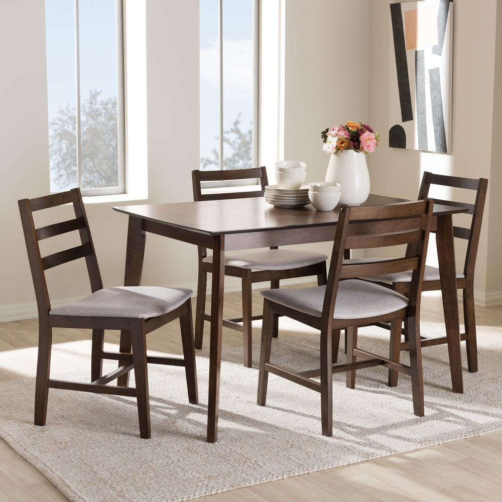 Baxton Studio Nadine Modern And Contemporary Walnut-Finished Light Grey Fabric Upholstered 5-Piece Dining Set