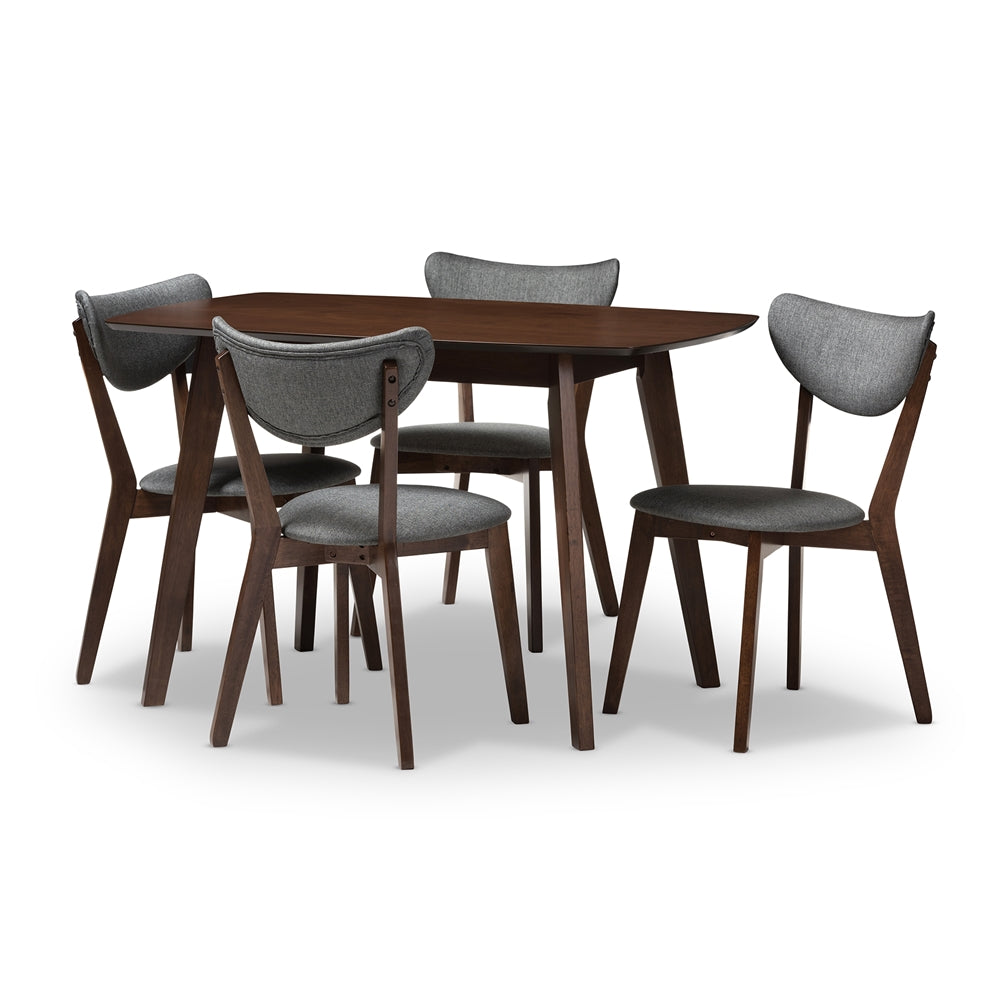 Baxton Studio Hadrea Mid-Century Modern Walnut-Finished Dark Grey Fabric Upholstered 5-Piece Dining Set