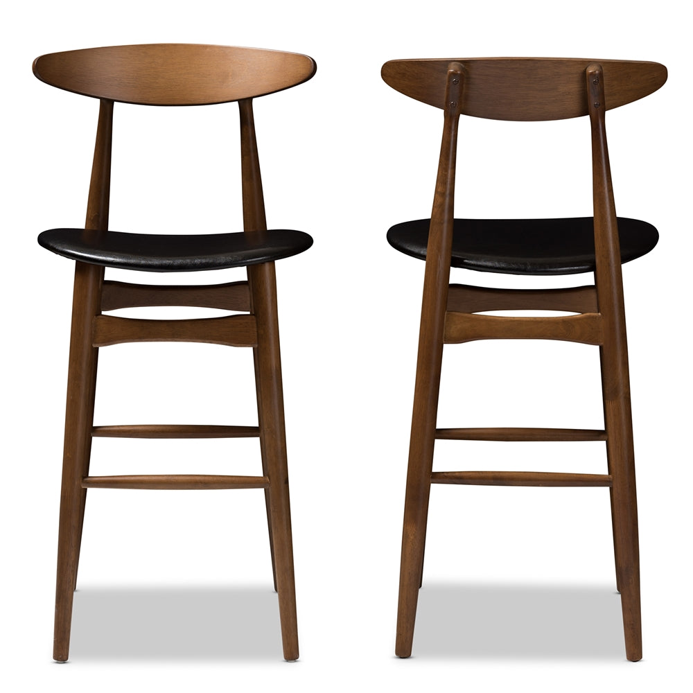 Baxton Studio Flora Mid-Century Modern Black Faux Leather Upholstered Walnut Finished Bar Stool (Set Of 2)