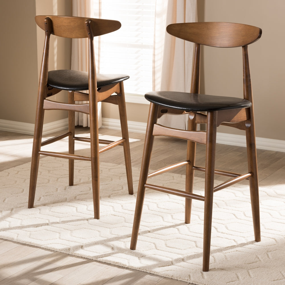 Baxton Studio Flora Mid-Century Modern Black Faux Leather Upholstered Walnut Finished Bar Stool (Set Of 2)