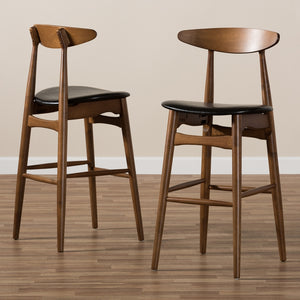 Baxton Studio Flora Mid-Century Modern Black Faux Leather Upholstered Walnut Finished Bar Stool (Set Of 2)