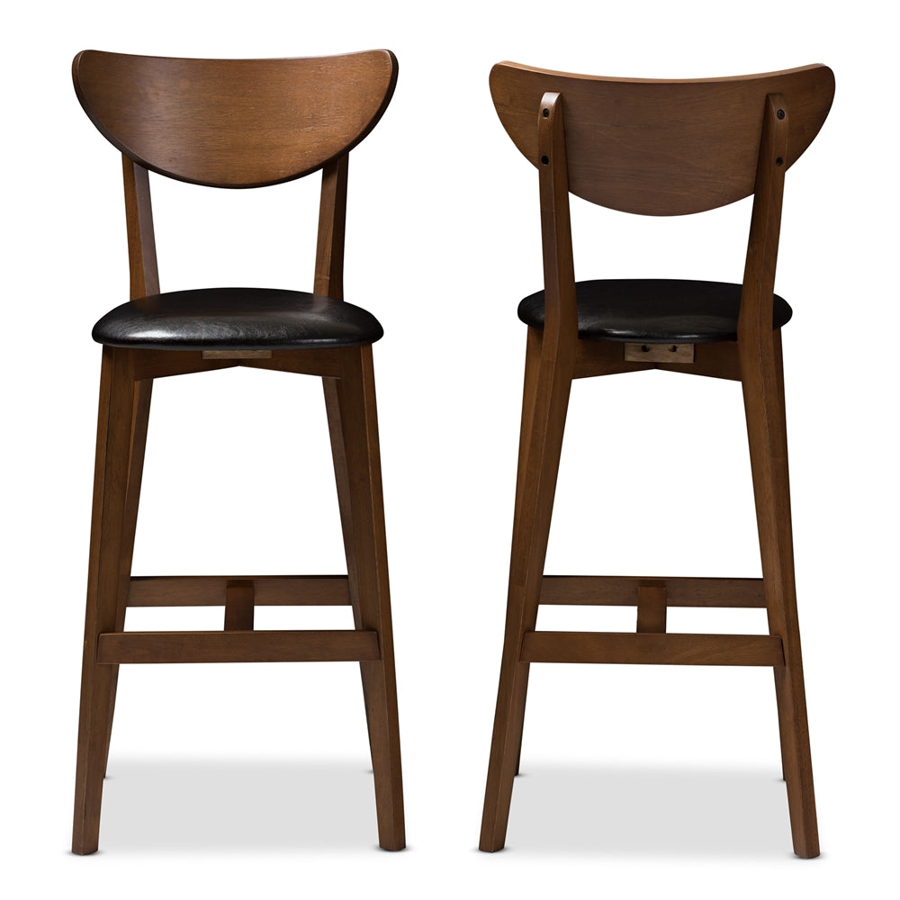 Baxton Studio Eline Mid-Century Modern Black Faux Leather Upholstered Walnut Finished Bar Stool (Set Of 2)