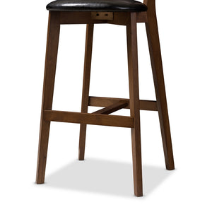 BAXTON STUDIO ELINE MID-CENTURY MODERN BLACK FAUX LEATHER UPHOLSTERED WALNUT FINISHED BAR STOOL (SET OF 2)