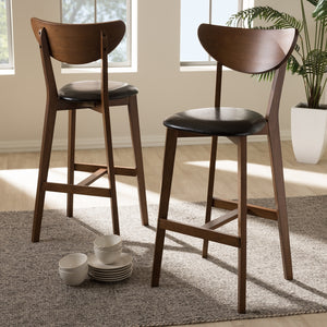 Baxton Studio Eline Mid-Century Modern Black Faux Leather Upholstered Walnut Finished Bar Stool (Set Of 2)