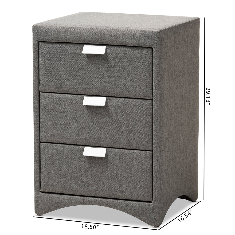 Baxton Studio Talia Modern And Contemporary Grey Fabric Upholstered 3-Drawer Nightstand