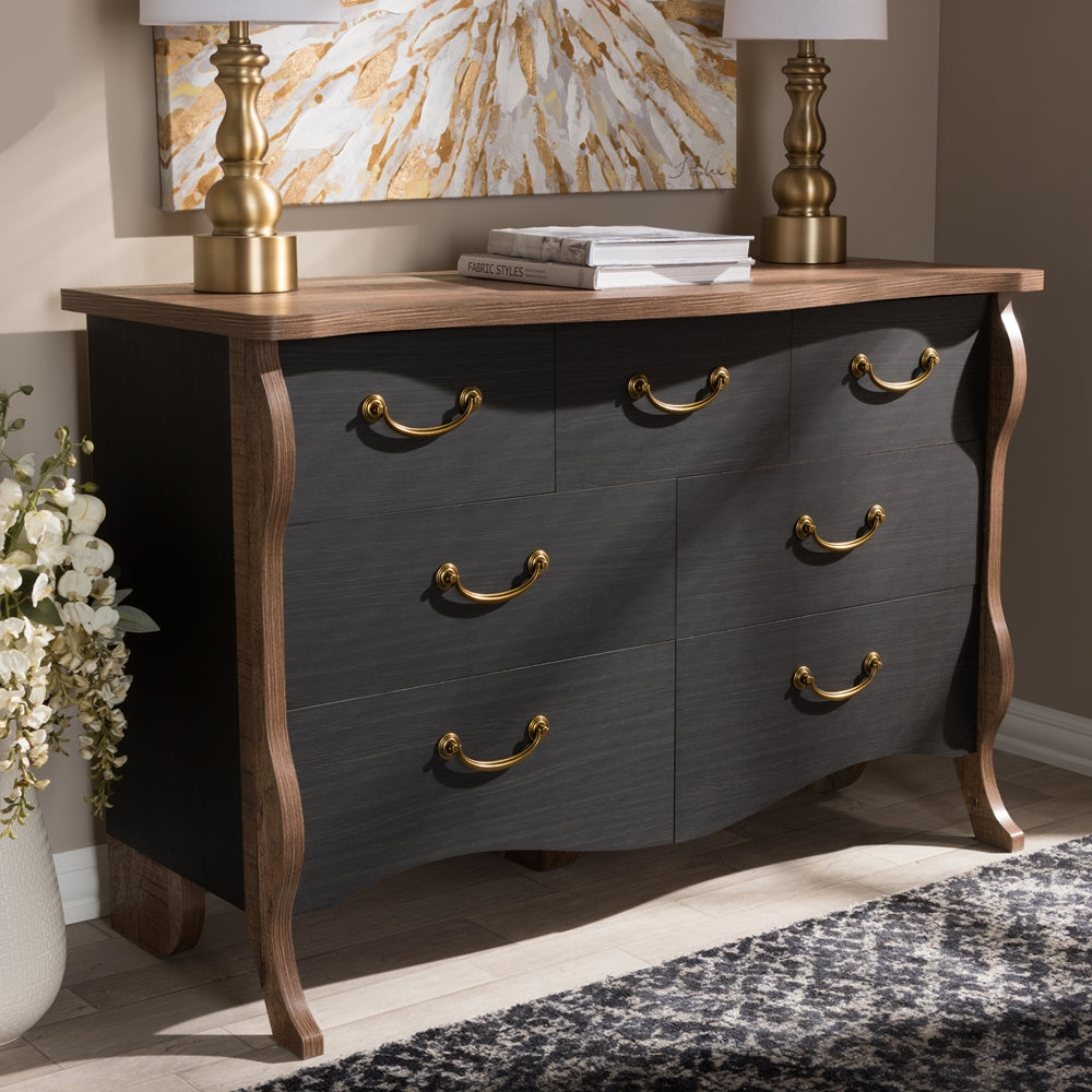 Baxton Studio Romilly Country Cottage Farmhouse Black And Oak-Finished Wood 7-Drawer Dresser