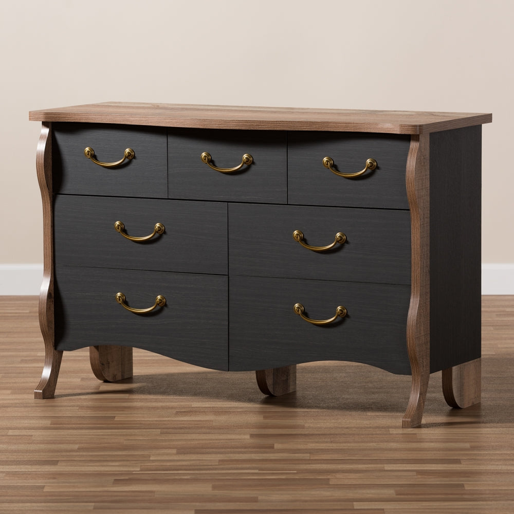 Baxton Studio Romilly Country Cottage Farmhouse Black And Oak-Finished Wood 7-Drawer Dresser