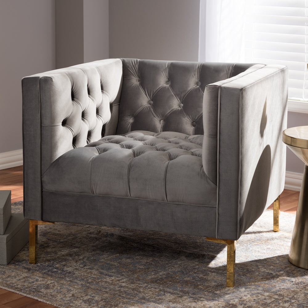 Baxton Studio Zanetta Luxe And Glamour Grey Velvet Upholstered Gold Finished Lounge Chair