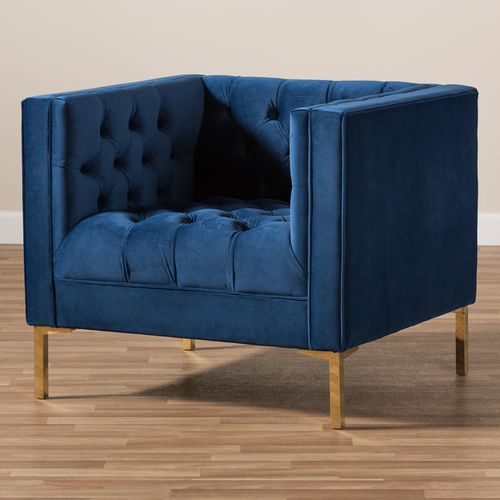 Baxton Studio Zanetta Luxe And Glamour Navy Velvet Upholstered Gold Finished Lounge Chair