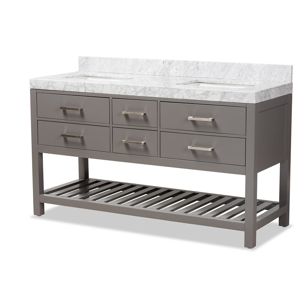 Baxton Studio Yolanda 60-Inch Modern and Contemporary Finished Wood and Marble Double Sink Bathroom Vanity