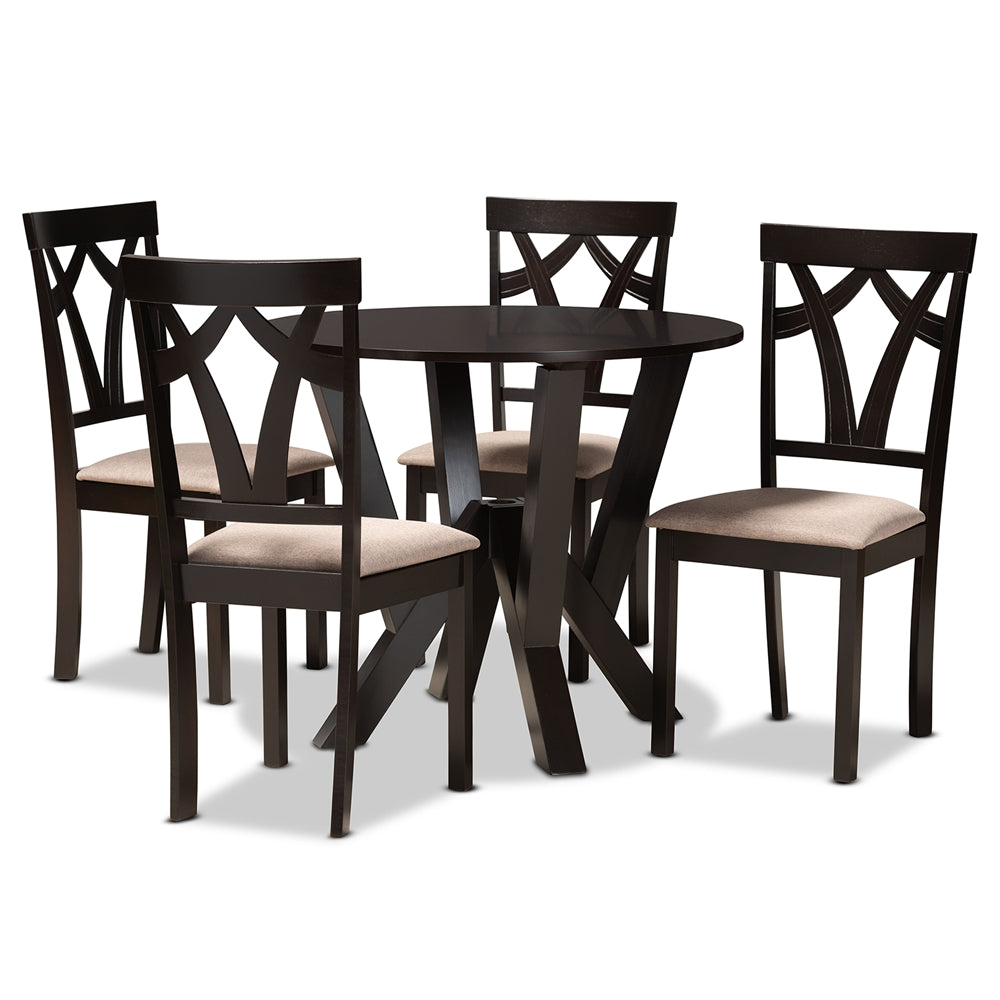 Baxton Studio Reagan Modern And Contemporary Sand Fabric Upholstered And Dark Brown Finished Wood 5-Piece Dining Set