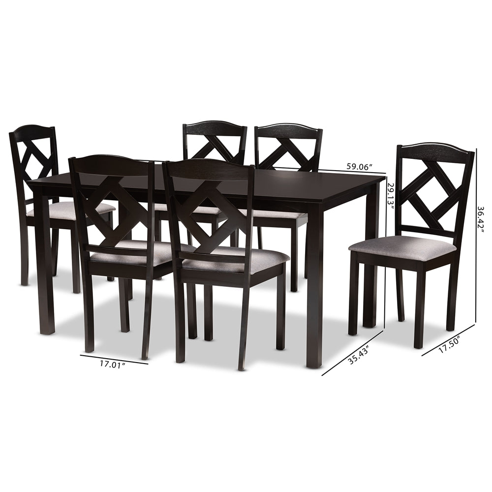 Baxton Studio Ruth Modern Transitional Grey Fabric Upholstered And Dark Brown Finished Wood 7-Piece Dining Set