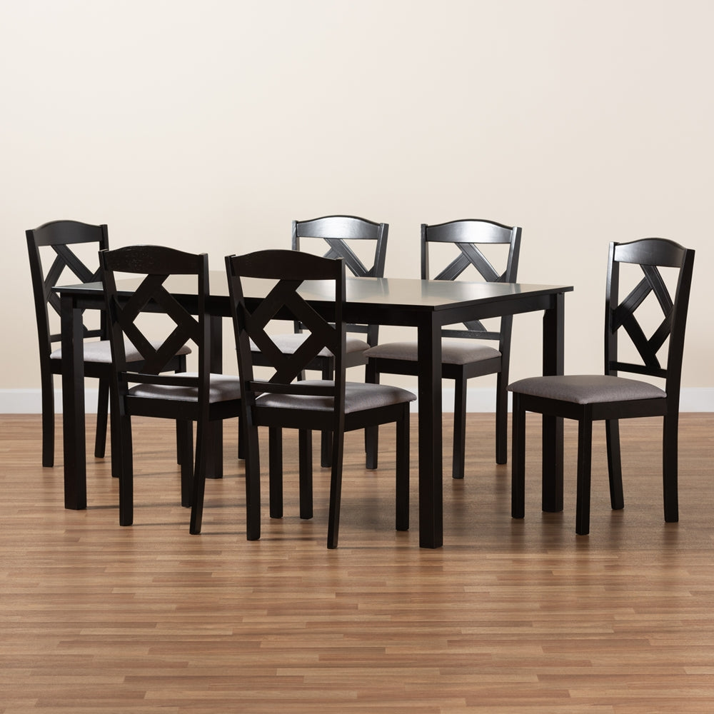 Baxton Studio Ruth Modern Transitional Grey Fabric Upholstered And Dark Brown Finished Wood 7-Piece Dining Set