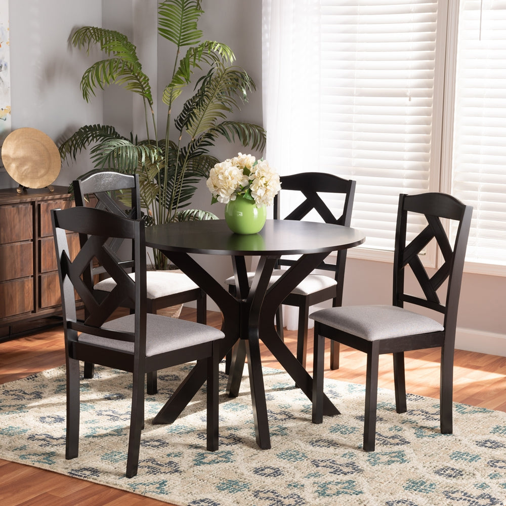 Baxton Studio Carlin Modern Transitional Grey Fabric Upholstered And Dark Brown Finished Wood 5-Piece Dining Set