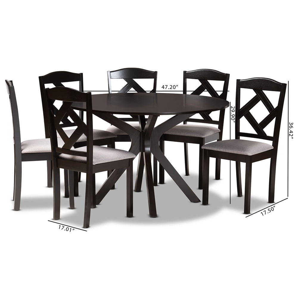 Baxton Studio Carlin Modern Transitional Grey Fabric Upholstered And Dark Brown Finished Wood 7-Piece Dining Set