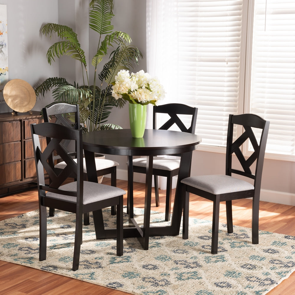 Baxton Studio Morigan Modern Transitional Grey Fabric Upholstered And Dark Brown Finished Wood 5-Piece Dining Set