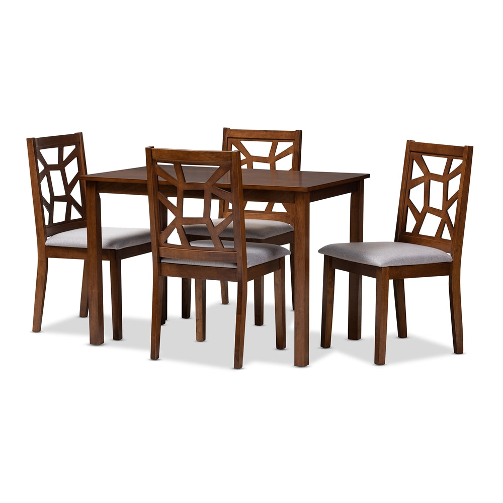 Baxton Studio Abilene Mid-Century Walnut Finished And Grey Fabric Upholstered 5-Piece Dining Set