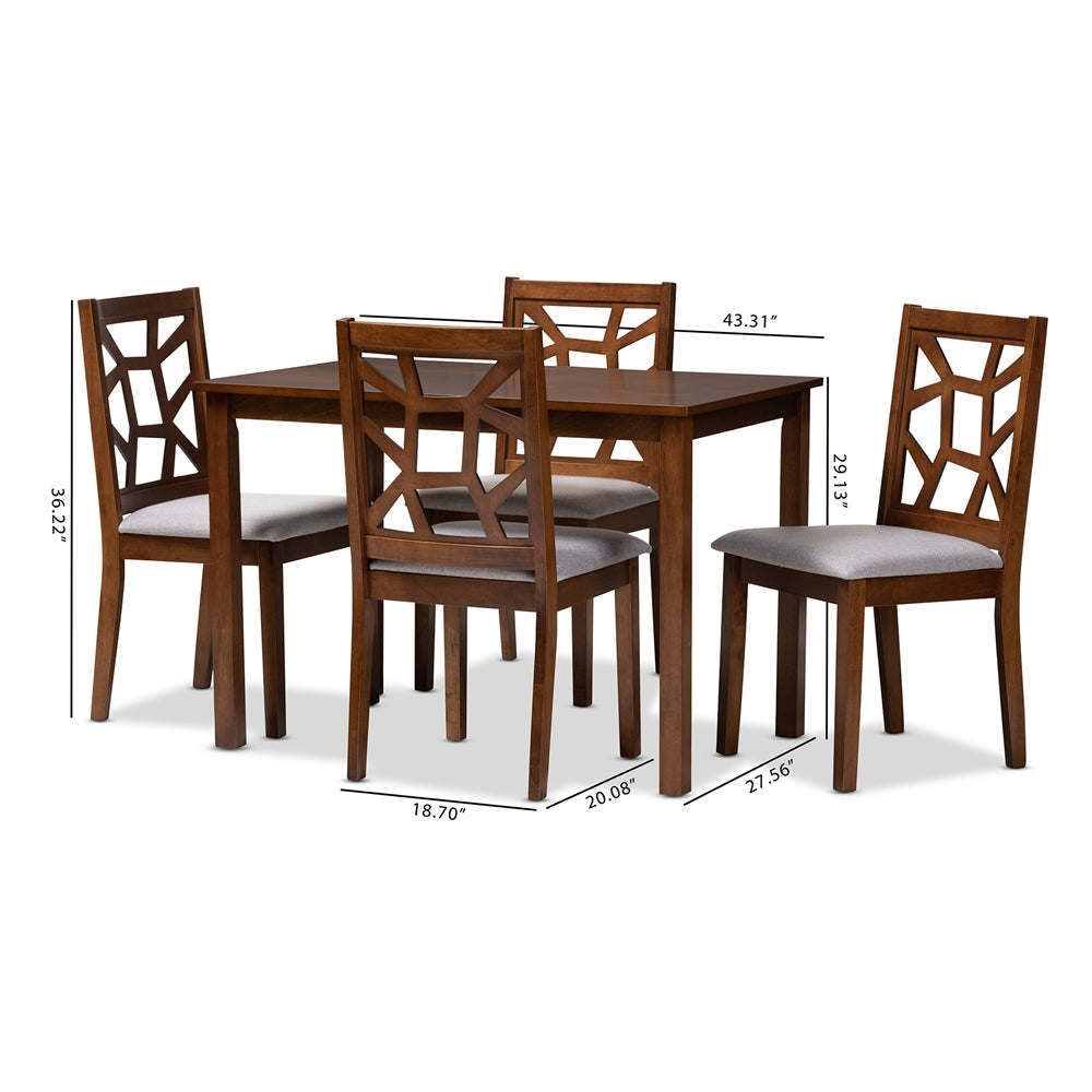 Baxton Studio Abilene Mid-Century Walnut Finished And Grey Fabric Upholstered 5-Piece Dining Set