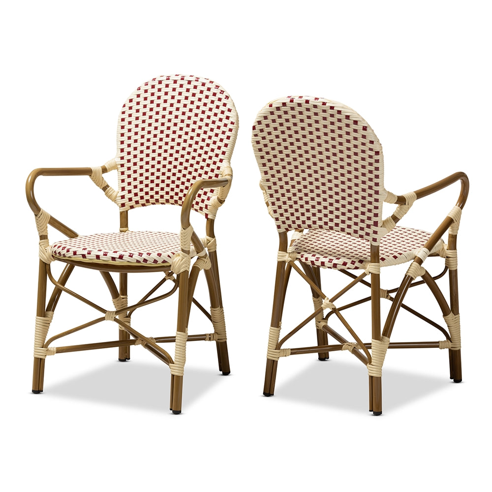 Baxton Studio Seva Classic French Indoor And Outdoor Beige And Red Bamboo Style Stackable Bistro Dining Chair Set Of 2