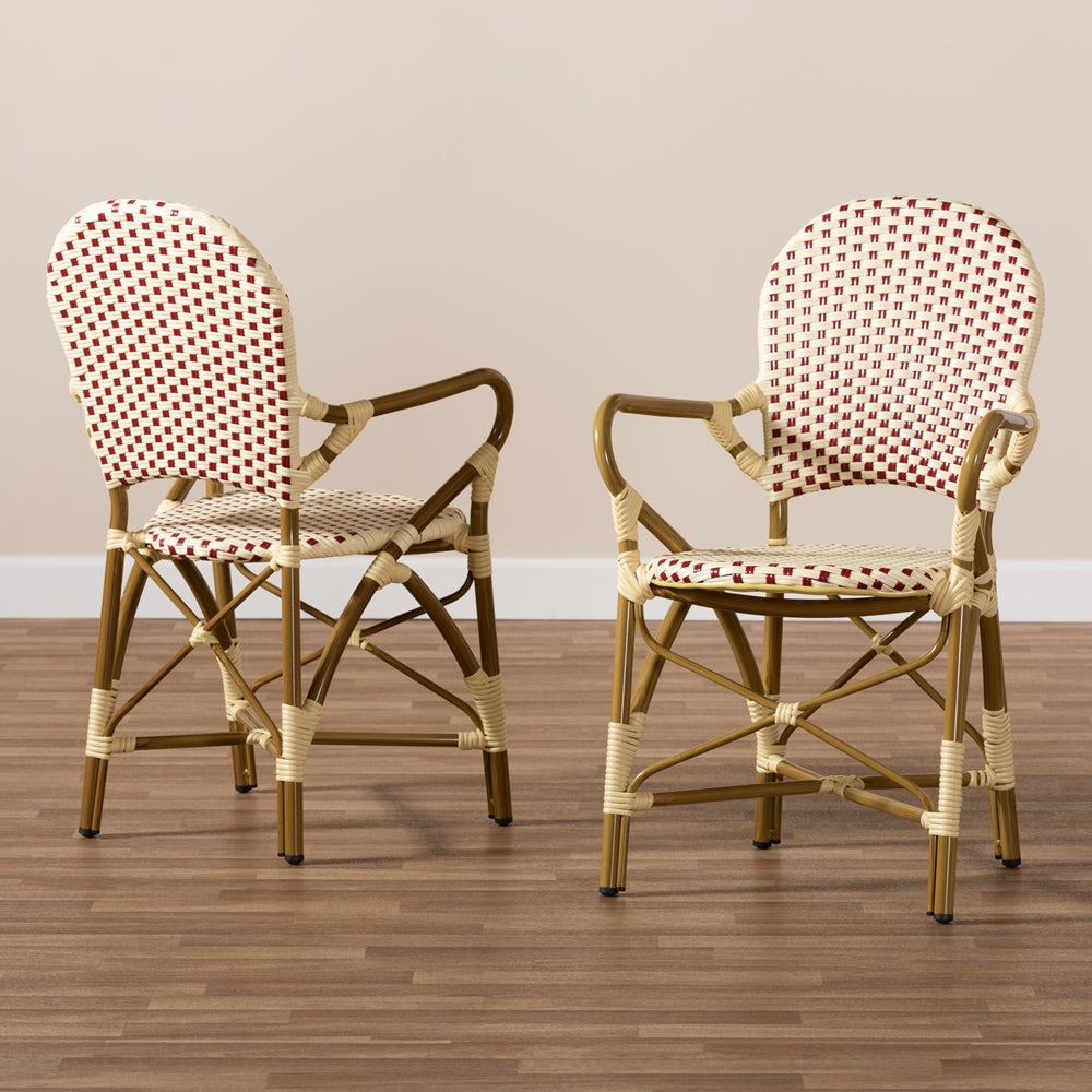 Baxton Studio Seva Classic French Indoor And Outdoor Beige And Red Bamboo Style Stackable Bistro Dining Chair Set Of 2