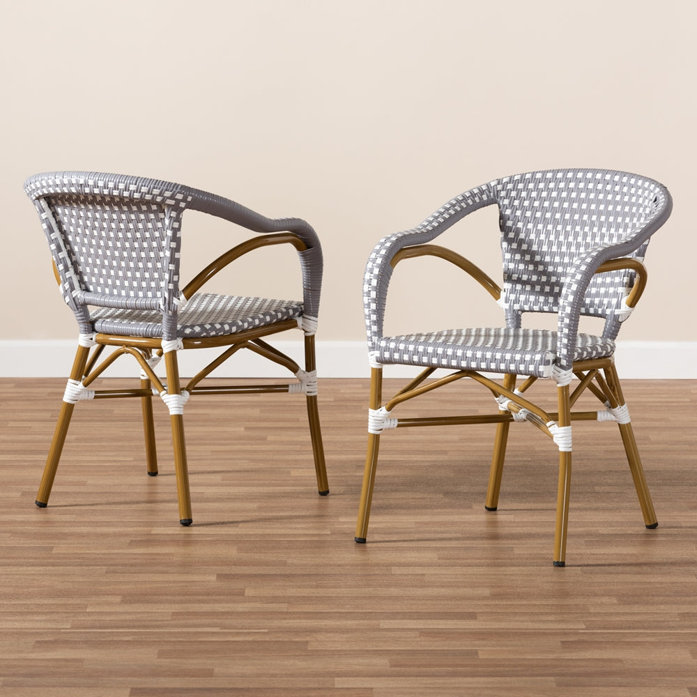 Baxton Studio Eliane Classic French Indoor And Outdoor Grey And White Bamboo Style Stackable Bistro Dining Chair Set Of 2