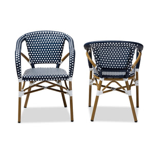 Baxton Studio Eliane Classic French Indoor And Outdoor Navy And White Bamboo Style Stackable Bistro Dining Chair Set Of 2