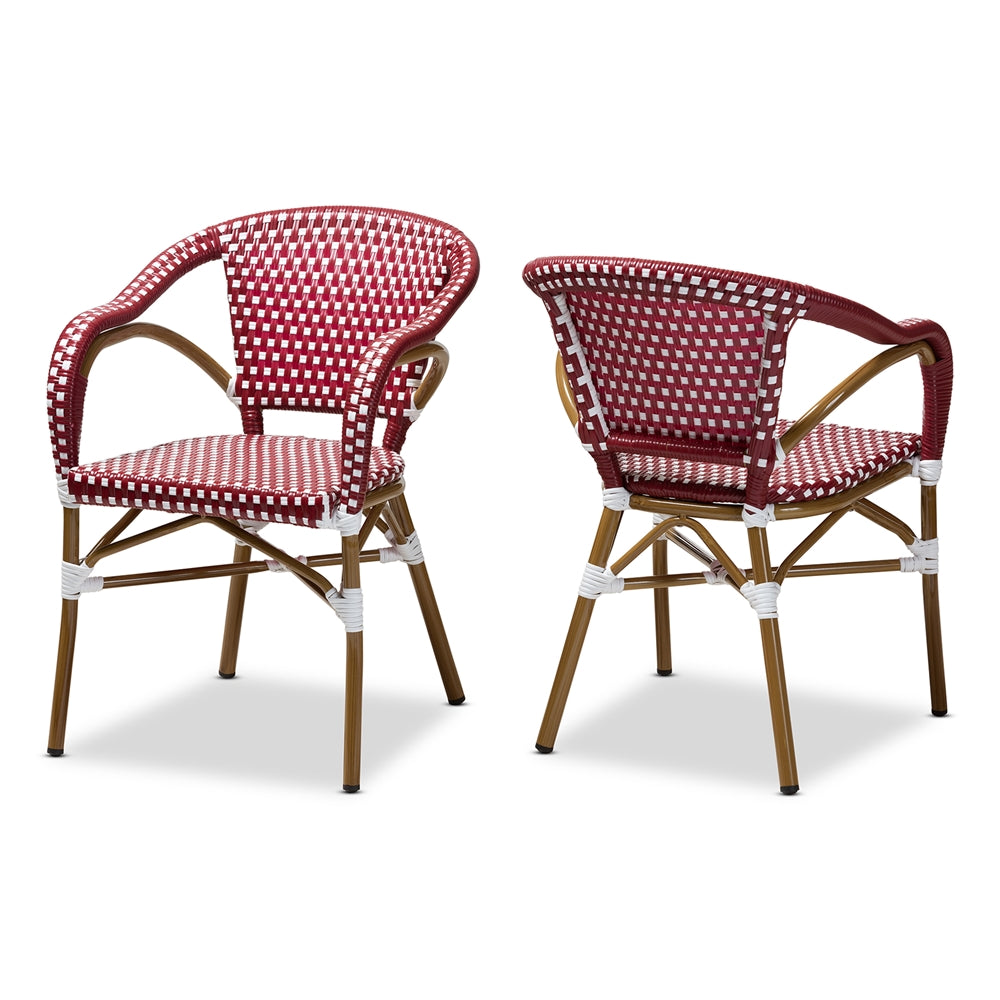 Baxton Studio Eliane Classic French Indoor And Outdoor Red And White Bamboo Style Stackable Bistro Dining Chair Set Of 2