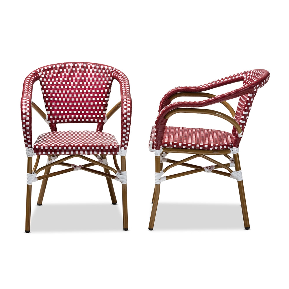 Baxton Studio Eliane Classic French Indoor And Outdoor Red And White Bamboo Style Stackable Bistro Dining Chair Set Of 2