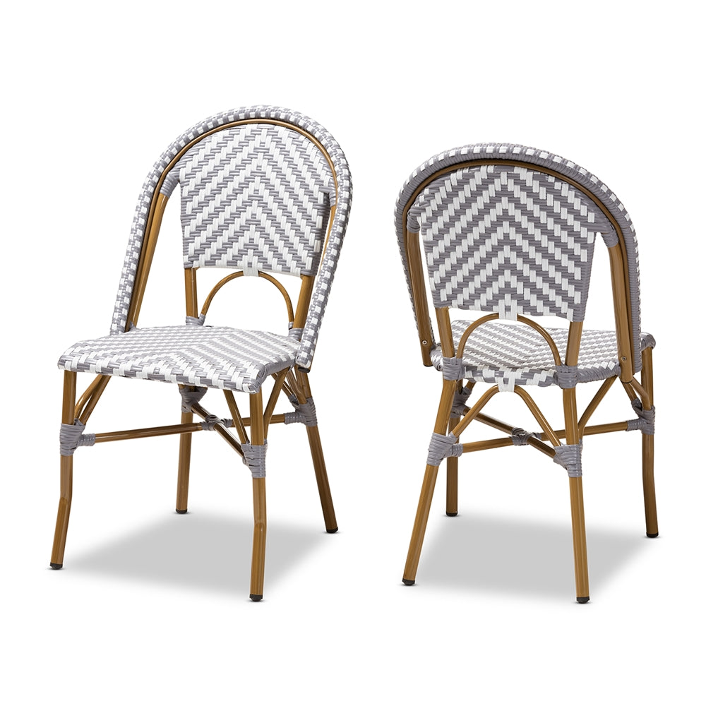 Baxton Studio Celie Classic French Indoor And Outdoor Grey And White Bamboo Style Stackable Bistro Dining Chair Set Of 2