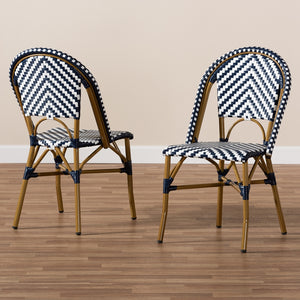 Baxton Studio Celie Classic French Indoor And Outdoor Blue And White Bamboo Style Stackable Bistro Dining Chair Set Of 2