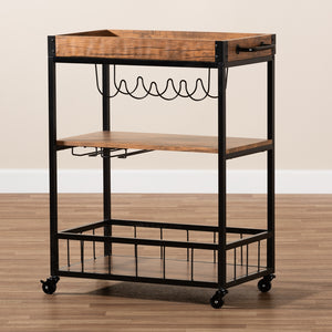 Baxton Studio Cerne Vintage Rustic Industrial Oak Brown And Black Finished Mobile Metal Bar Cart With Wine Bottle Rack