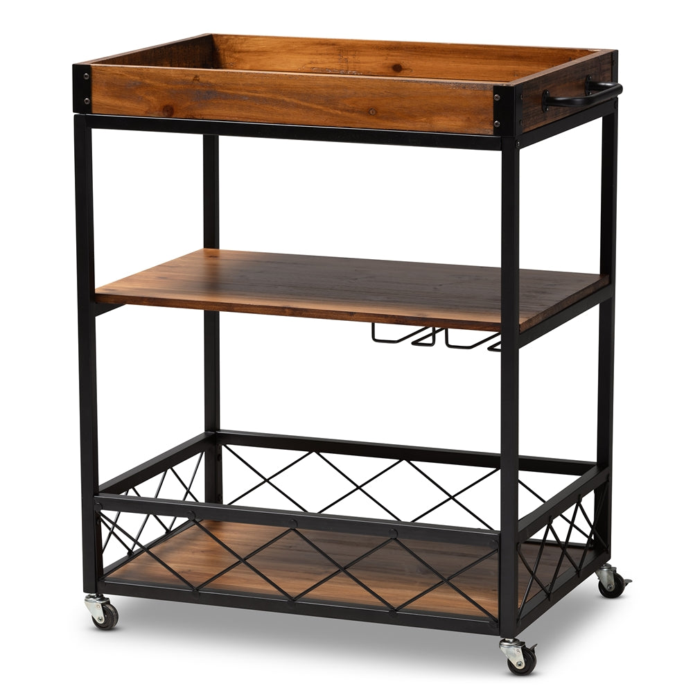 Baxton Studio Capri Vintage Rustic Industrial Oak Brown And Black Finished Mobile Metal Bar Cart With Stemware Rack