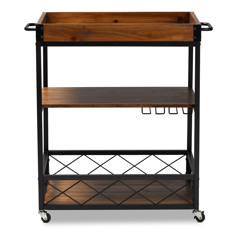 Baxton Studio Capri Vintage Rustic Industrial Oak Brown And Black Finished Mobile Metal Bar Cart With Stemware Rack