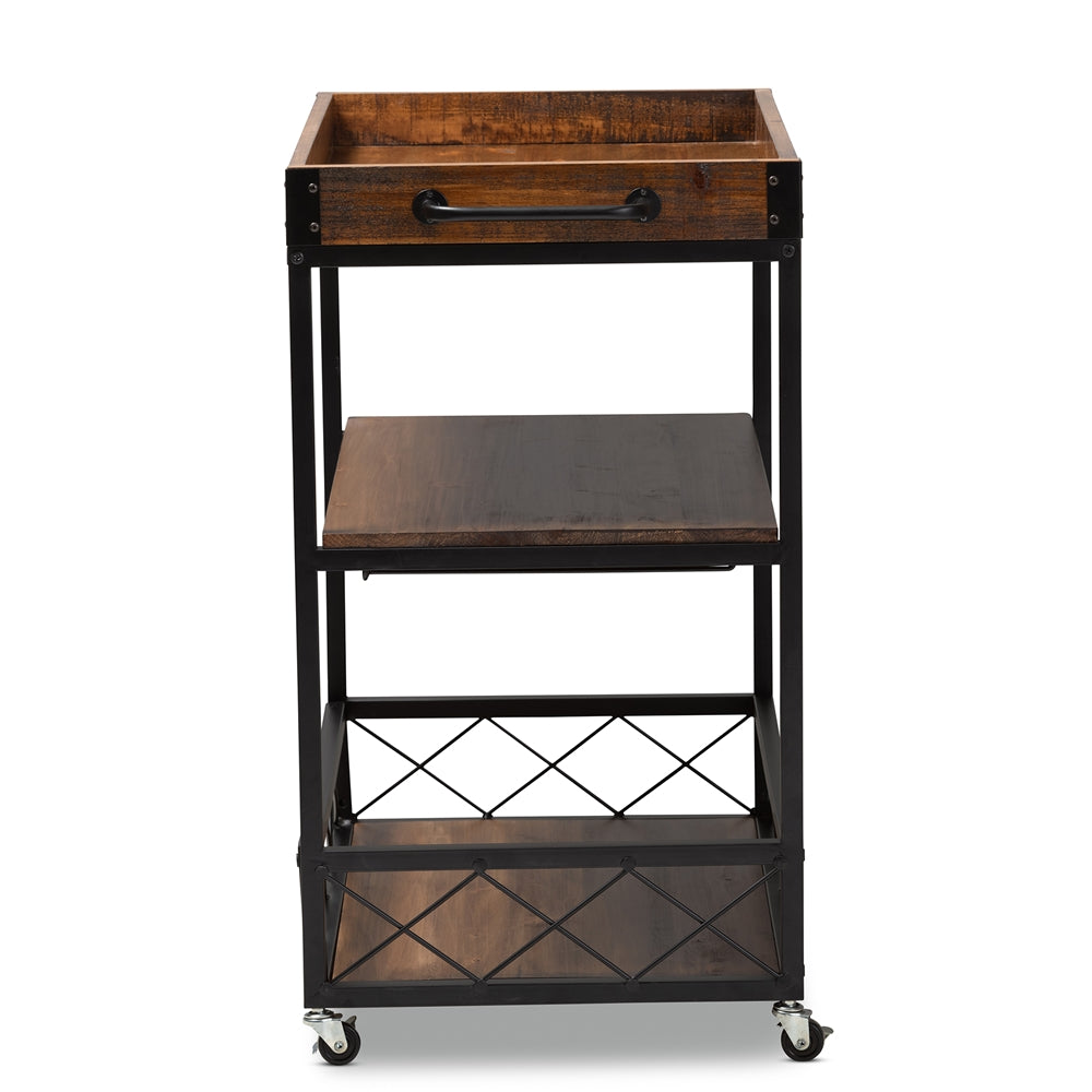 Baxton Studio Capri Vintage Rustic Industrial Oak Brown And Black Finished Mobile Metal Bar Cart With Stemware Rack