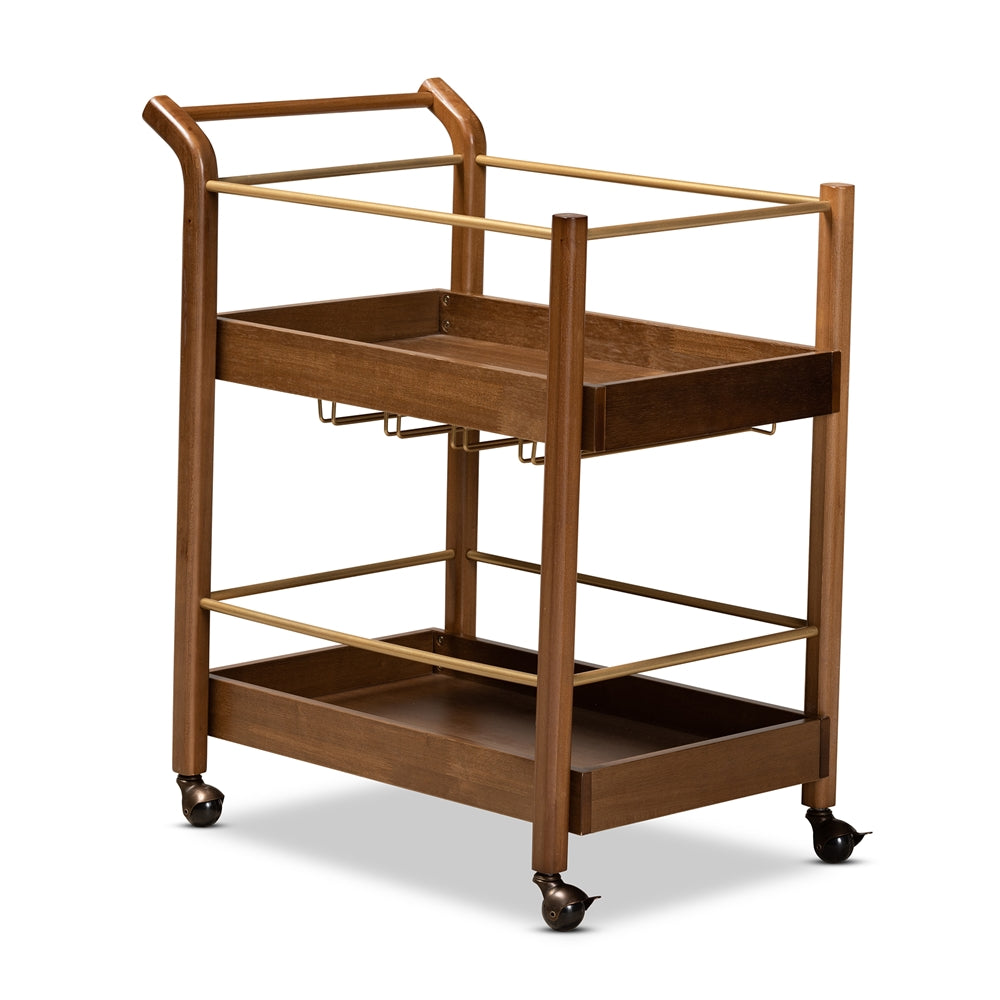 Baxton Studio Tahir Modern and Contemporary Finished Wood and Antique Gold Finished Metal 2-Tier Mobile Bar Cart