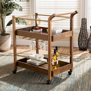 Baxton Studio Tahir Modern And Contemporary Walnut Brown Finished Wood And Antique Gold Finished Metal 2-Tier Mobile Bar Cart