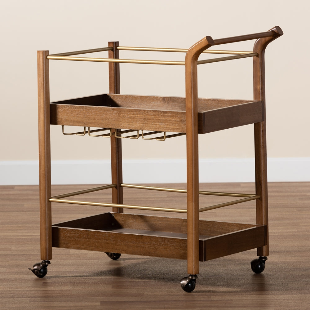 Baxton Studio Tahir Modern And Contemporary Walnut Brown Finished Wood And Antique Gold Finished Metal 2-Tier Mobile Bar Cart