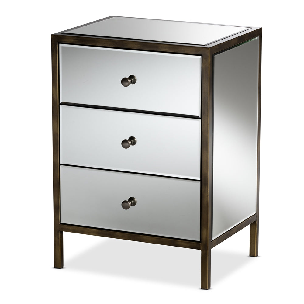 Baxton Studio Nouria Modern and Contemporary Hollywood Regency Glamour Style Three Drawer Nightstand Bedside Table