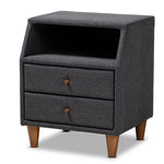 Load image into Gallery viewer, Baxton Studio Claverie Mid-Century Modern Charcoal Fabric Upholstered 2-Drawer Wood Nightstand
