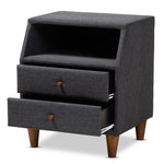 Load image into Gallery viewer, Baxton Studio Claverie Mid-Century Modern Charcoal Fabric Upholstered 2-Drawer Wood Nightstand
