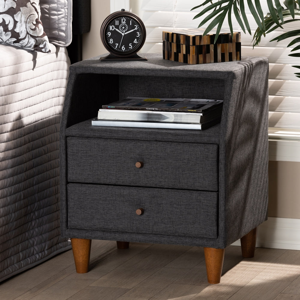 Baxton Studio Claverie Mid-Century Modern Charcoal Fabric Upholstered 2-Drawer Wood Nightstand