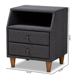 Baxton Studio Claverie Mid-Century Modern Charcoal Fabric Upholstered 2-Drawer Wood Nightstand