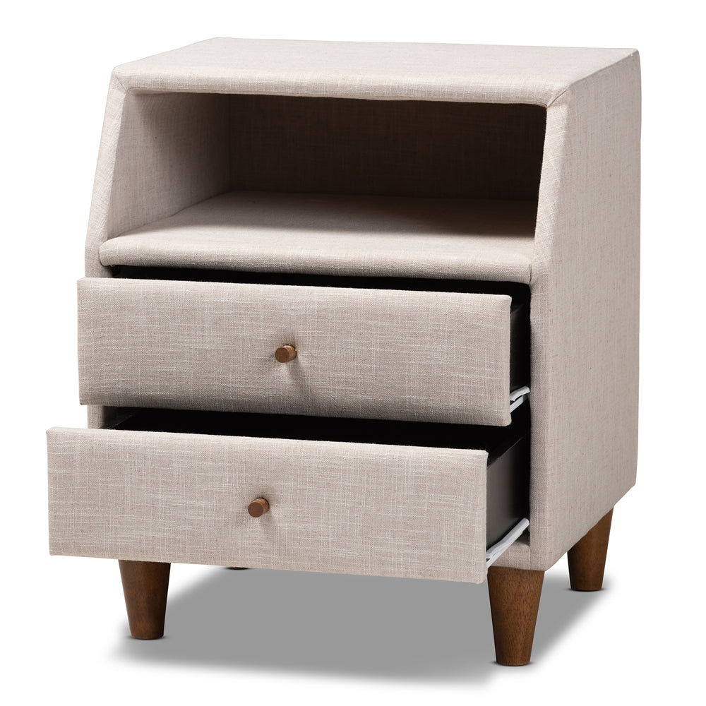 Baxton Studio Claverie Mid-Century Modern Beige Fabric Upholstered 2-Drawer Wood Nightstand