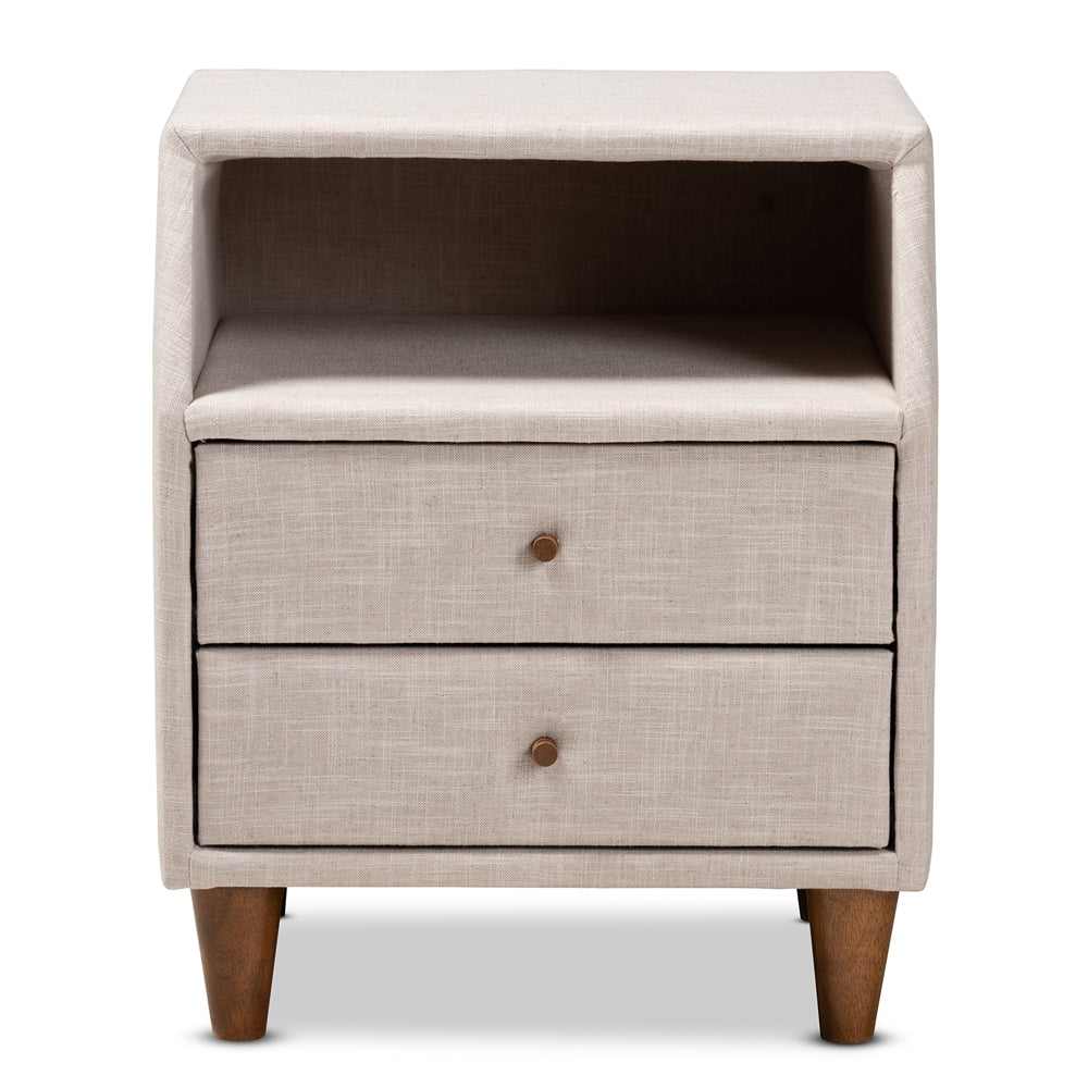 Baxton Studio Claverie Mid-Century Modern Beige Fabric Upholstered 2-Drawer Wood Nightstand