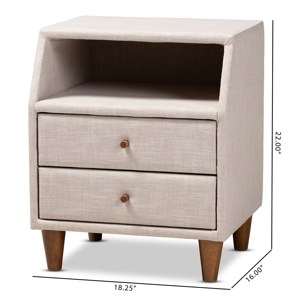 Baxton Studio Claverie Mid-Century Modern Beige Fabric Upholstered 2-Drawer Wood Nightstand