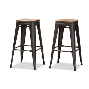 Baxton Studio Henri Vintage Rustic Industrial Style Tolix-Inspired Bamboo And Gun Metal-Finished Steel Stackable Bar Stool Set Of 2